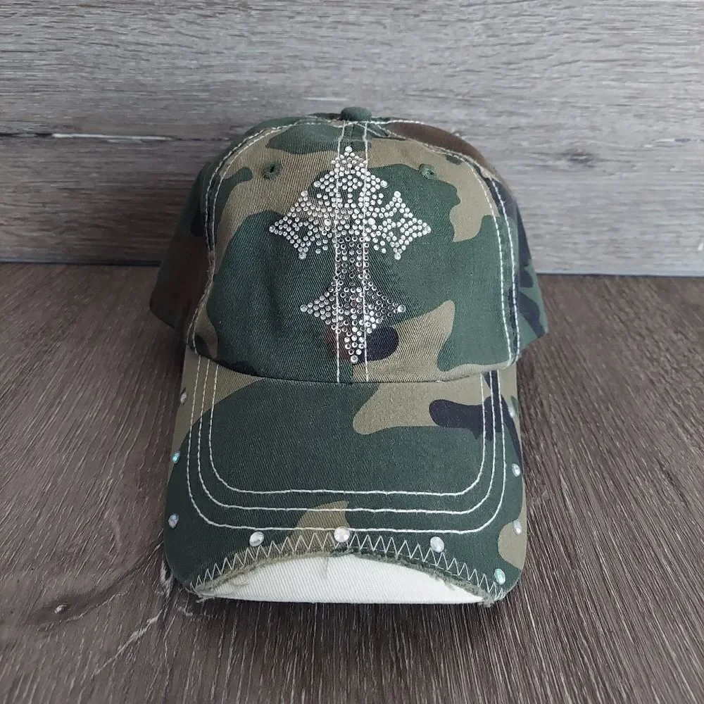Bling Cross Camo Baseball Cap Strapback Hat OSFA